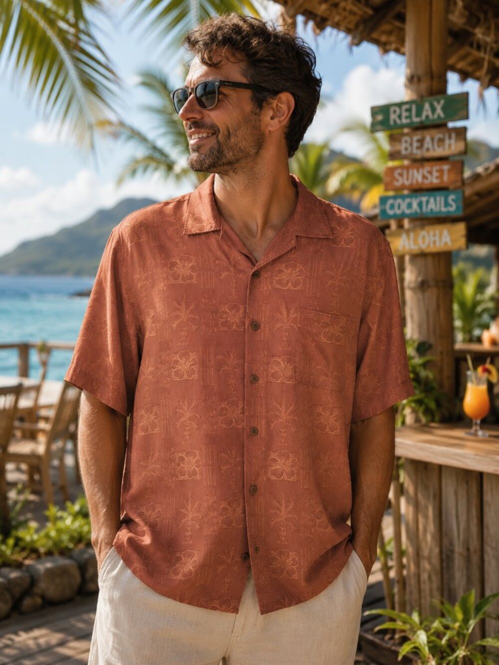 Tommy Bahama Men's Large Hawaiian Camp Shirt Rust Orange Aloha